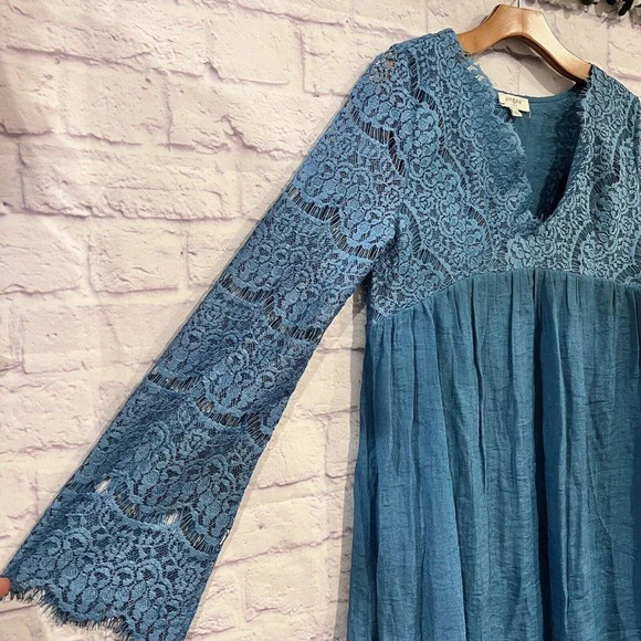 Umgee Size Small Blue Boho Lined Long Sleeve Floral Lace Mini Dress V Neck - Picture 4 of 13